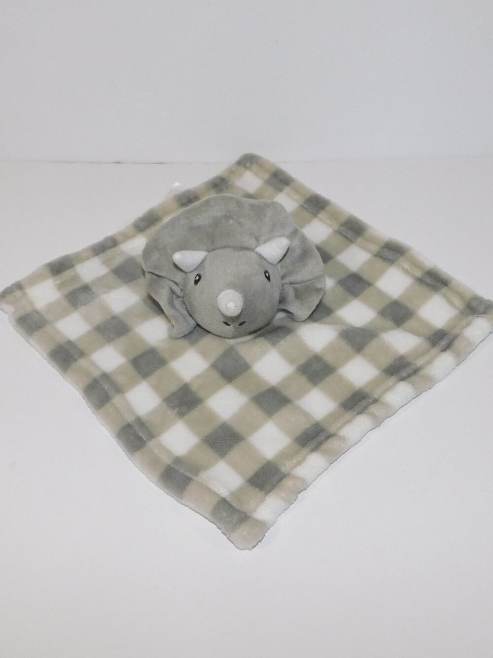 Lila & Jack Dinosaur Dino Triceratops Plaid Security Blanket Baby Lovey Gray
